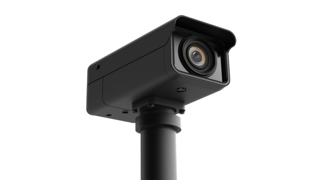 Modern CCTV security camera, digital technology equipment for environmental surveillance, isolated on transparent background. PNG