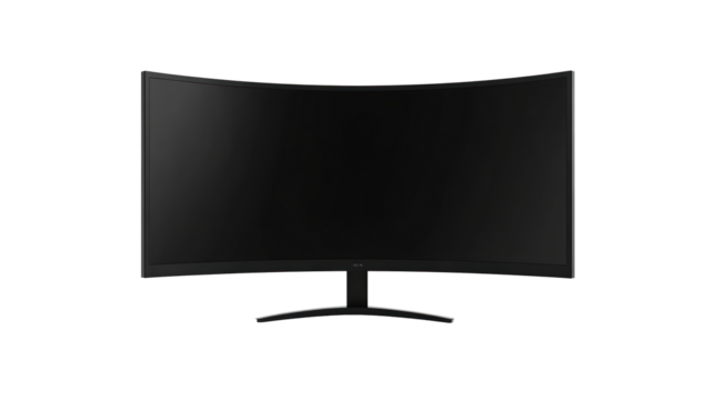 Modern black computer monitor with curved screen, isolated on transparent background. PNG - Powered by Adobe