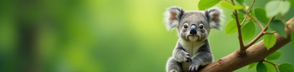 Fototapeta premium Tiny koala presents eucalyptus branch, soft green backdrop, card, adorable, background