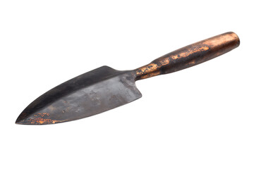 Old trowel with wooden handle isolated against transparent background