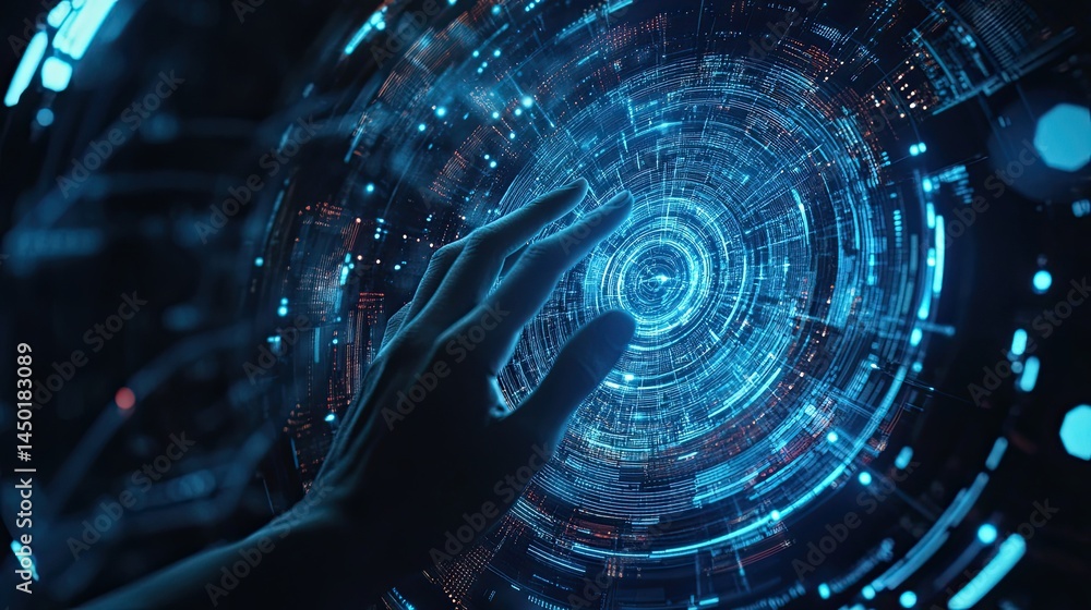 Poster human interaction with advanced digital interface and futuristic technology