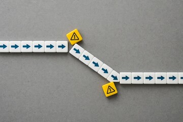 Disrupted Path Arrow Blocks Warning Signs Business Concept Strategy Planning Roadblock Challenge Obstacle Problem Solution Decision Making Process Workflow Change Risk Management Unexpected Event     