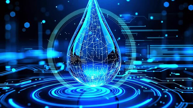 A futuristic digital water droplet with glowing blue circuits, symbolizing technology and innovation