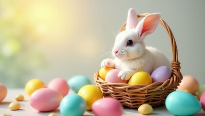 White bunny surrounded by brightly colored eggs in a woven basket , religious, fluffy