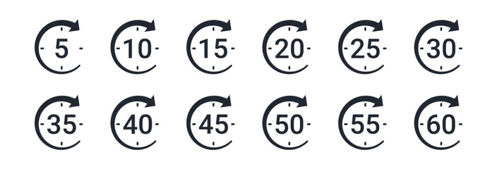 Clock timer countdown set vector illustration isolated on white background. 