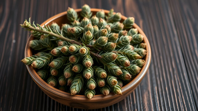 Young spruce tips collected in a bowl to prepare homemade herbal extract or syrup. Spruce buds on a dark wooden background. Alternative health care