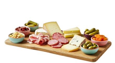 Cheese and meat board setup on natural wood, surrounded by small bowls of pickles, nuts, and dried fruit