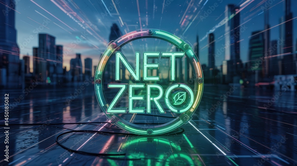 Poster futuristic cityscape display of net zero initiative.