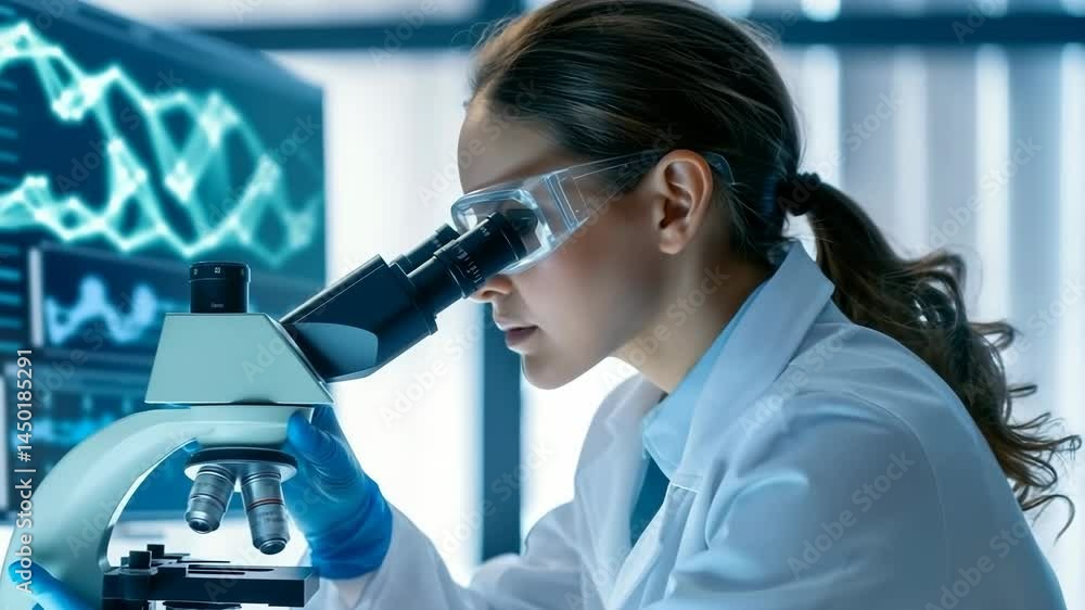 Aufkleber A scientist is meticulously examining samples using a microscope within a modern laboratory. She is wearing protective glasses and a lab coat, indicative of her commitment to safety and
