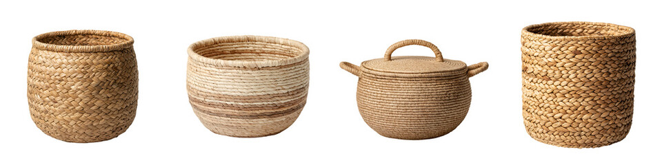 A collection of various woven baskets and containers. long_title:A diverse assortment of handmade, natural woven baskets and containers in earthy