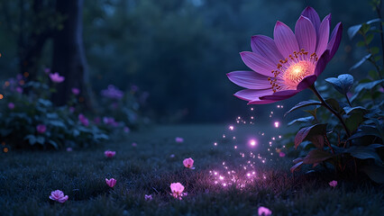  紫の花と夜の森の風景