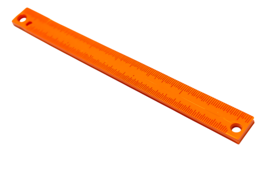 Orange plastic ruler with measurement markings on transparent background