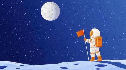 Astronaut stands on moon, gazing at large moon in night sky, holding flag. scene is serene and inspiring