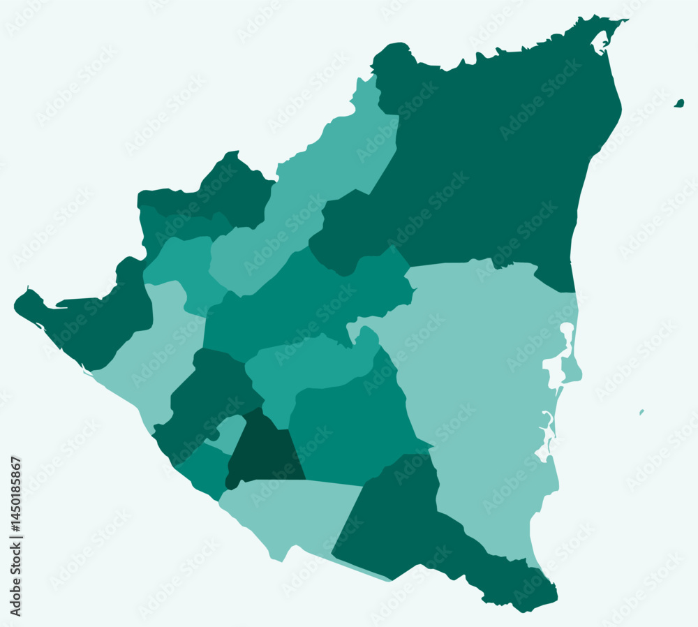 Poster map of nicaragua with regions. just a simple country border map with region division. teal color pal