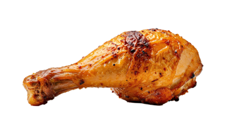 Cinematic-style image of a roasted chicken drumstick, glowing with warm tones