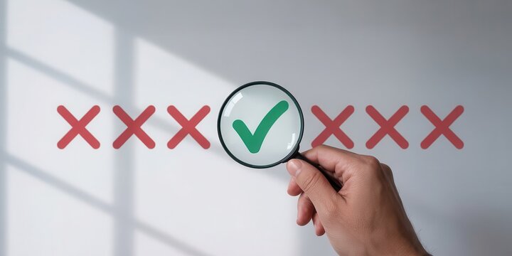 Selection process with magnifier and mark symbols.