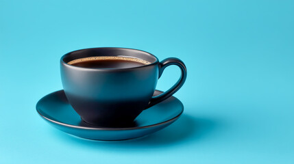 Fototapeta premium Black coffee cup with saucer, isolated on a blue background.