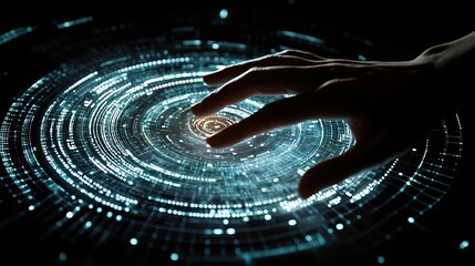 Human interaction with advanced technology reflected in illuminated circuitry