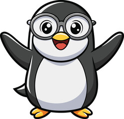 Obraz premium Cute Cartoon Penguin Mascot Vector – Cheerful Minimalist Character with Glasses and Sparkles