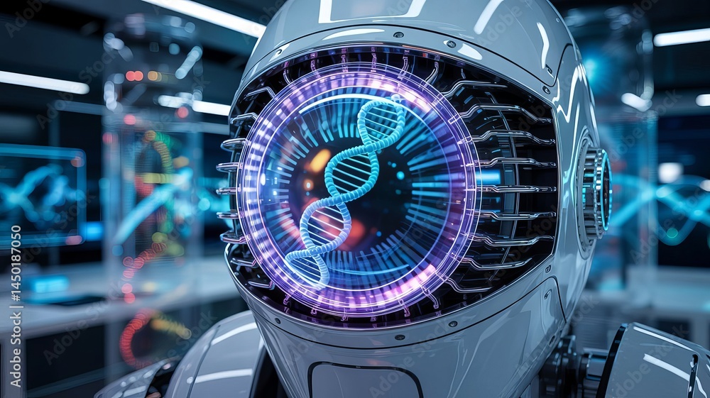 Poster futuristic robotic face with dna visualization, showcasing advanced technology in a lab environment.