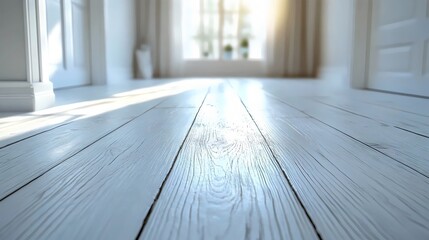 Close-up perspective of a white wooden floor, bathed in sunlight streaming through a window.
