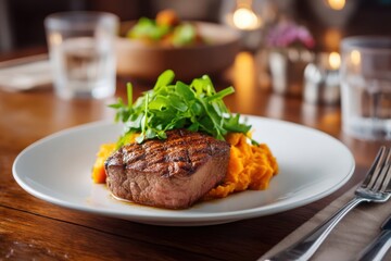 Traditional Australian Grilled Kangaroo Steak with Sweet Potato Mash and Greens