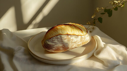 Artisanal sourdough bread bathed in warm light, showcasing rustic beauty and culinary craftsmanship
