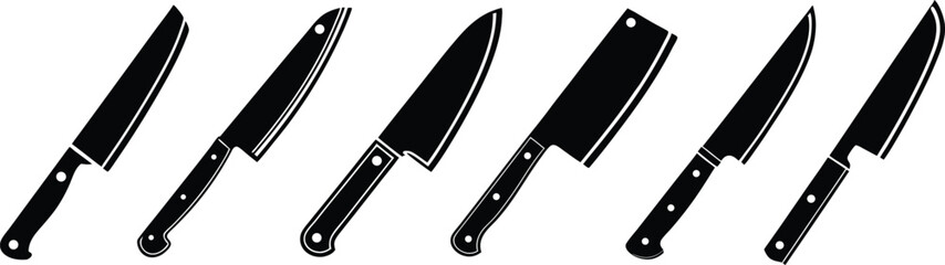 Kitchen knife icon vector. kitchen knives set silhouette vector illustration. Meat cutting knives set. Bread knife, chef's knife, cleaver knife kitchenware