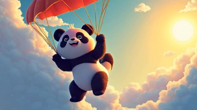 Cartoon panda parachuting joyfully through sunny sky with clouds seamless looping 4k time-lapse animation video background