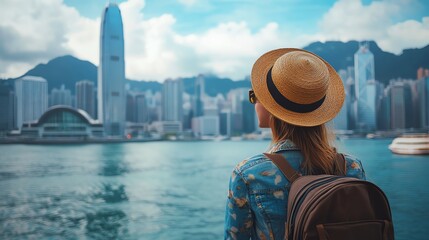 Fototapeta premium Woman traveler in Hong Kong, enjoying the city skyline and harbor view.