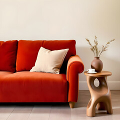 Corner of a soft terracotta sofa, with a pillow and a decorative wooden table on the right.