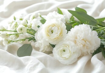 Obraz premium Delicate White Flowers Arrangement on Soft Fabric Background for Elegant and Romantic Decor Ideas in Weddings or Special Events