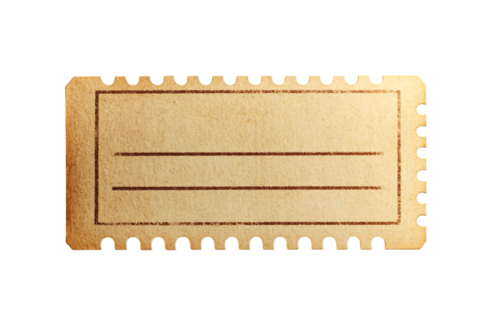 Blank aged beige paper ticket with perforated edges on transparent background