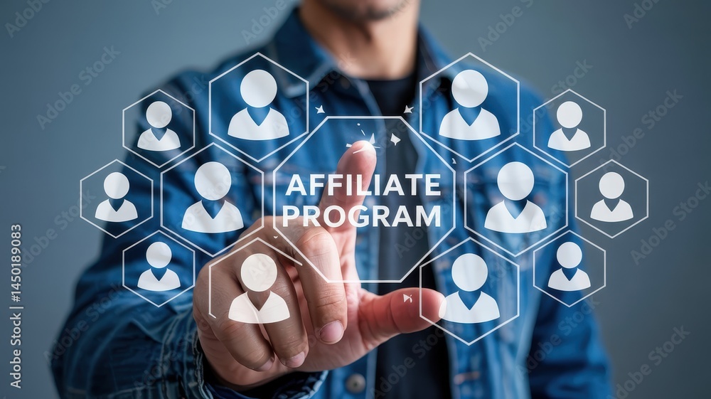 Poster a person interacts with an affiliate program interface.