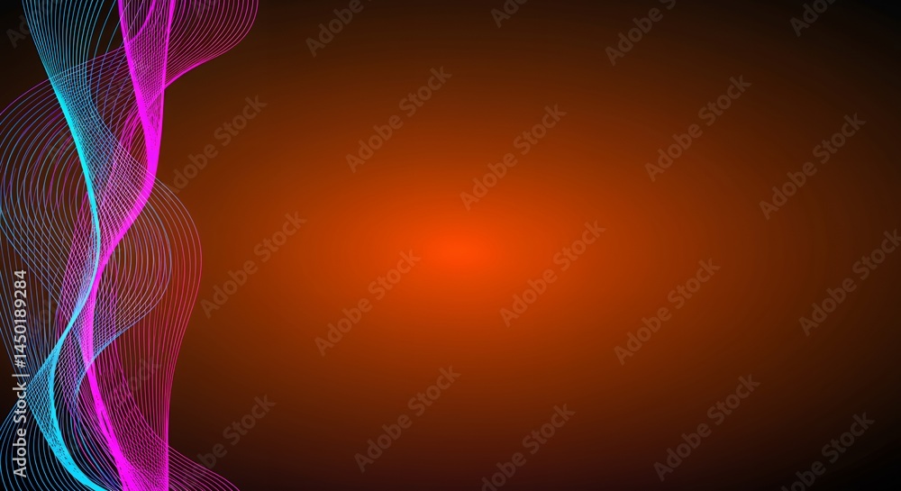 Poster Abstract digital art background featuring flowing blue and pink lines on a gradient orange backdrop, creating a dynamic and modern graphic design suitable for various purposes.