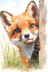 Obraz premium Adorable fox kit peeking from behind a wooden post in a grassy field