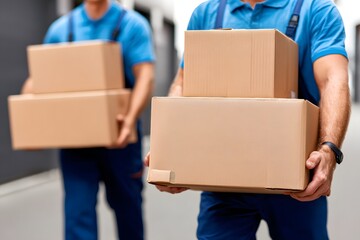 Movers Carefully Carrying Cardboard Boxes During Relocation Service