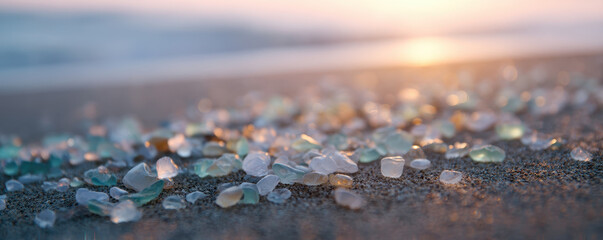 Colorful sea glass scattered on sandy beach at sunset