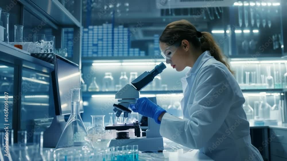 Fototapete A scientist in a white lab coat is meticulously studying a sample using a microscope in a high-tech laboratory. The scene is filled with other lab equipment and glassware.
