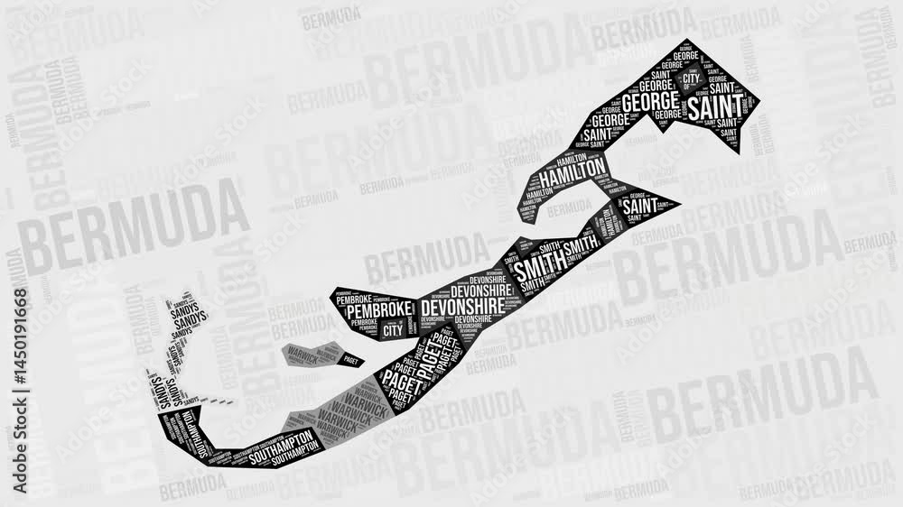 Poster bermuda animation. visual effect of bermuda regions appearing in black and white word clouds style. 