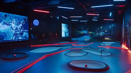 Futuristic glow in the dark miniature golf course bathed in neon ambiance
