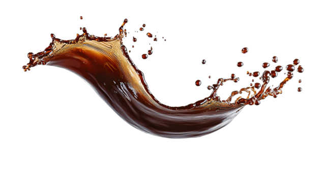 Dynamic splash of dark brown coffee flowing elegantly, isolated on transparent background. PNG