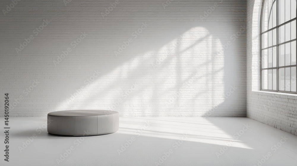 Poster empty modern room with round light gray ottoman and large window.
