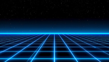 Retro futuristic glowing blue grid landscape with starry night sky in synthwave style
