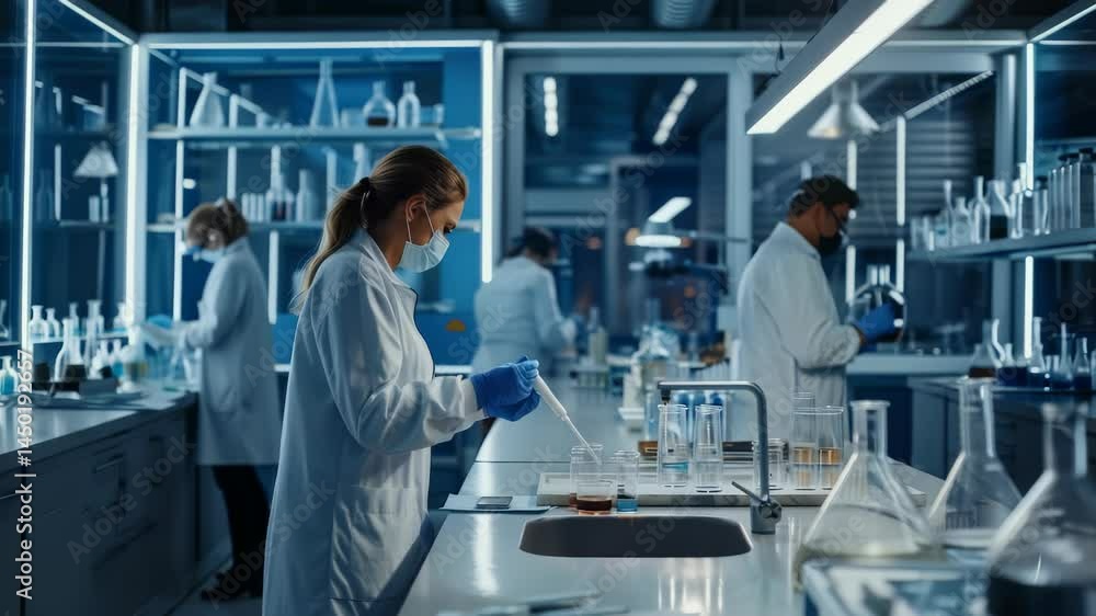 Poster an indoor shot shows several scientists working in a medical research lab setting, wearing masks and