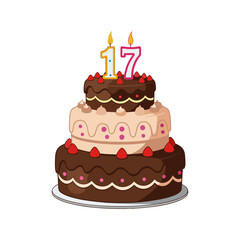 vector illustration of a birthday cake with candles in the shape of the number seventeen