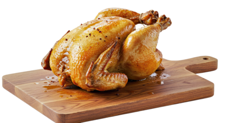 High-quality roasted whole chicken on a rustic wooden board, glowing warmly against a white background
