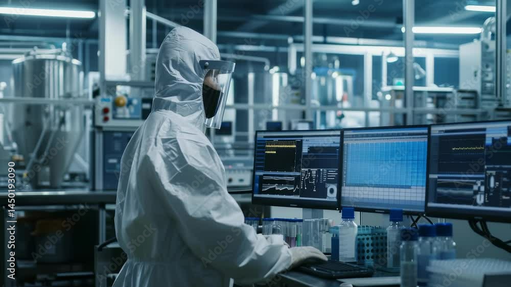 Poster a scientist in full protective gear examines data on computer screens, surrounded by lab equipment a