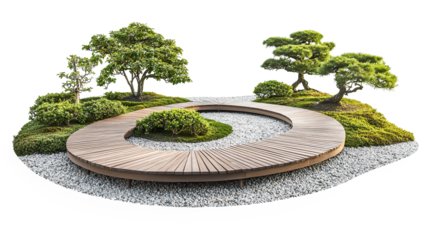 Wooden path that circles in the middle of a beautiful green park, isolated on transparent background. PNG