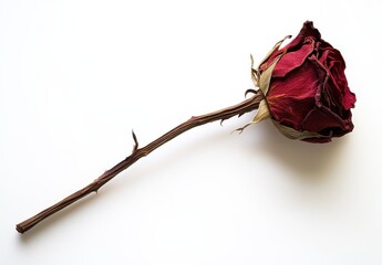 Elegant dried red rose on a white background showcasing intricate details of the petals, stem, and thorns, perfect for romantic or nostalgic themes